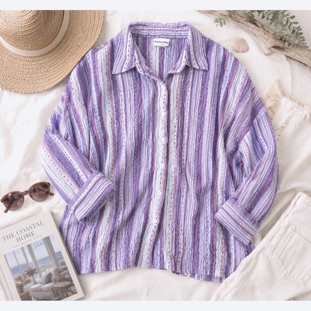 Wms 90s Vtg Button Up Shirt 2X Purple Striped Seersucker Coastal Breckenridge